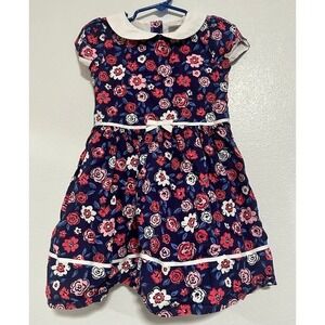 Gymboree Girls Navy Floral Peter Pan Collar Dress Size 5T Short Sleeve